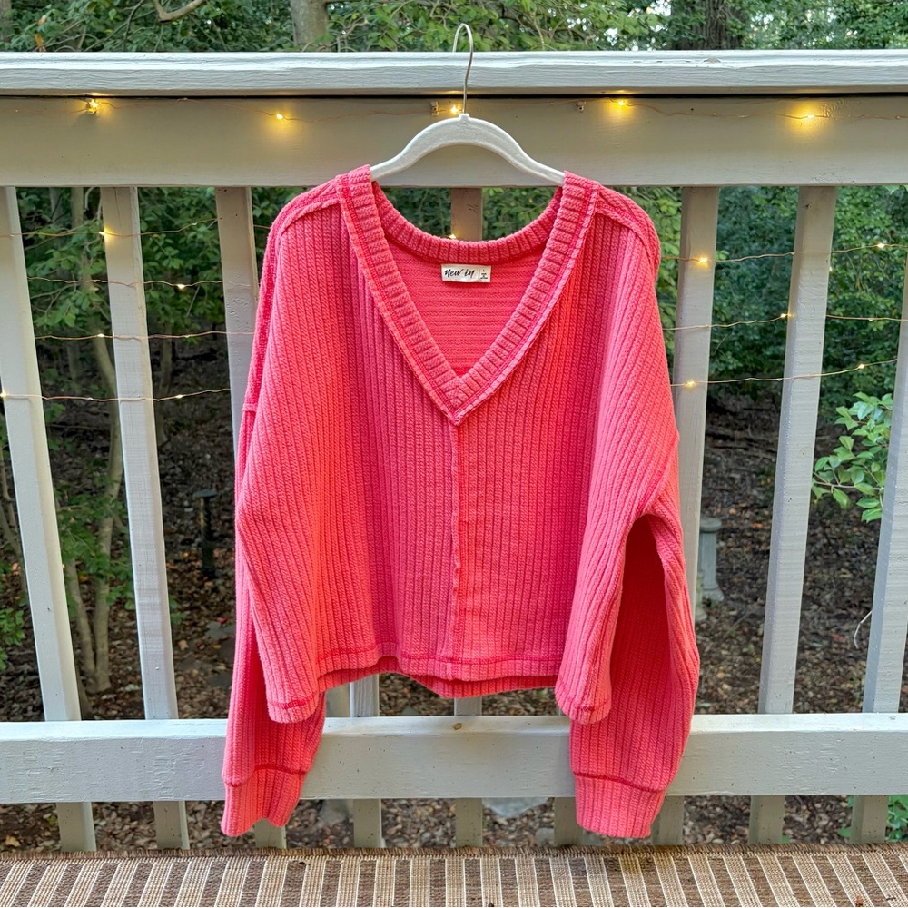 Coral Pink V-Neck Ribbed Sweater